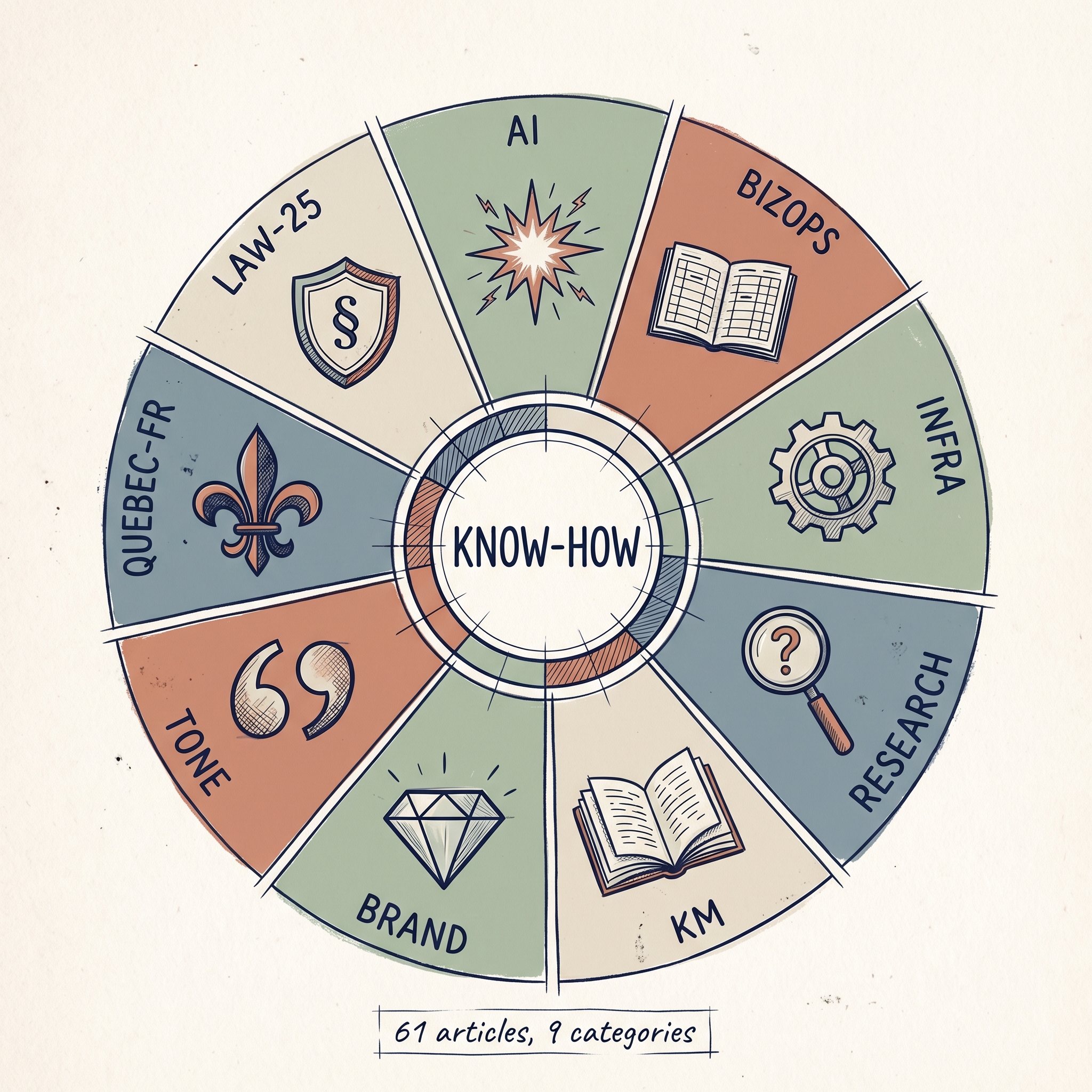 Know-how taxonomy wheel — 9 categories spanning AI, bizops, infra, research, km, brand, tone, Quebec French, and Law 25