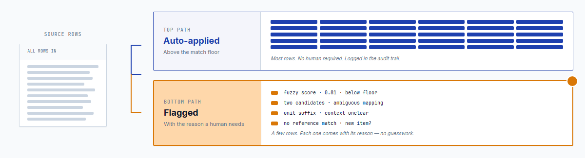 Staged validation — auto-applied matches, manual-review queue, and the reasons each row was flagged
