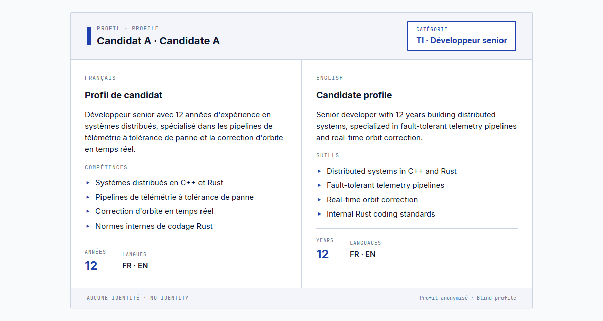 Un profil aveugle bilingue en PDF – français et anglais côte à côte – avec les titres professionnels préservés et les données personnelles caviardées