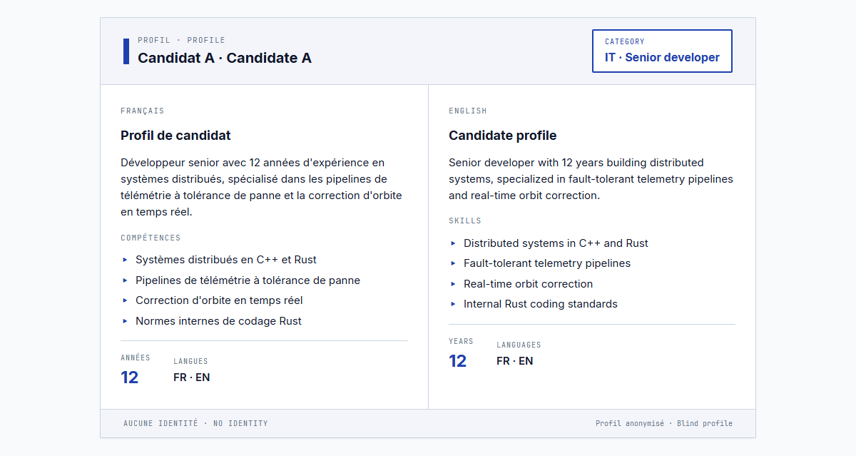 A bilingual blind profile PDF — French and English side by side — with credentials preserved and personal details scrubbed