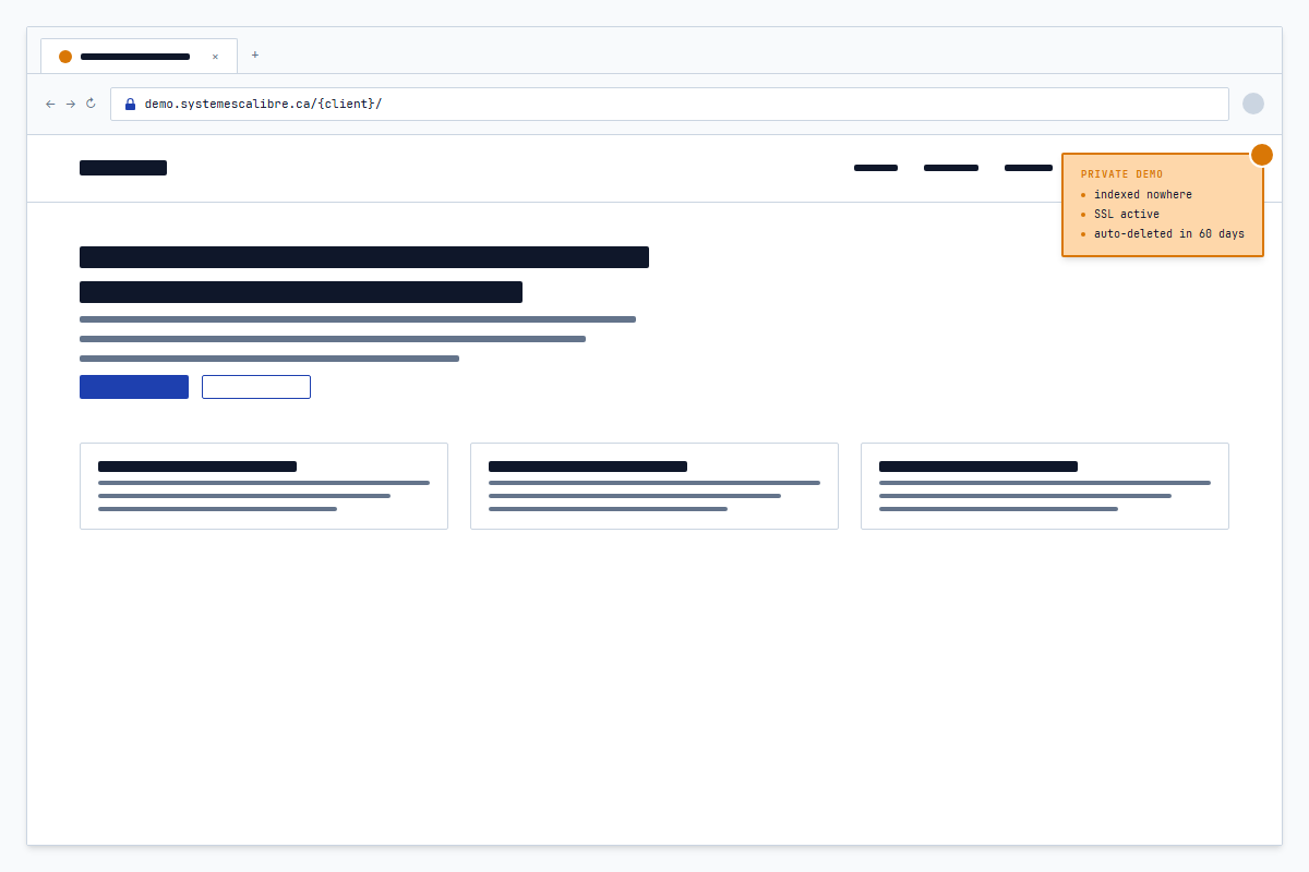The private demo URL — live, SSL active, indexed nowhere, auto-deleted after sixty days if the engagement doesn't move