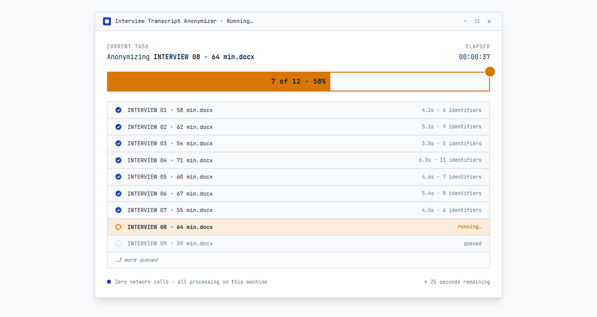 Progress bar racing through a batch of 25 transcripts in just over two minutes total