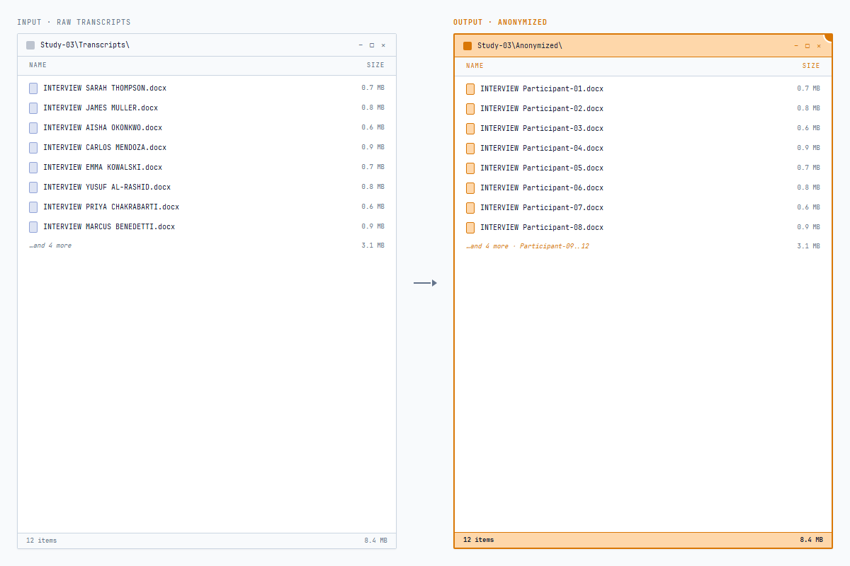Input filenames with participant names replaced by pseudonyms in the output folder, including Word document metadata stripped