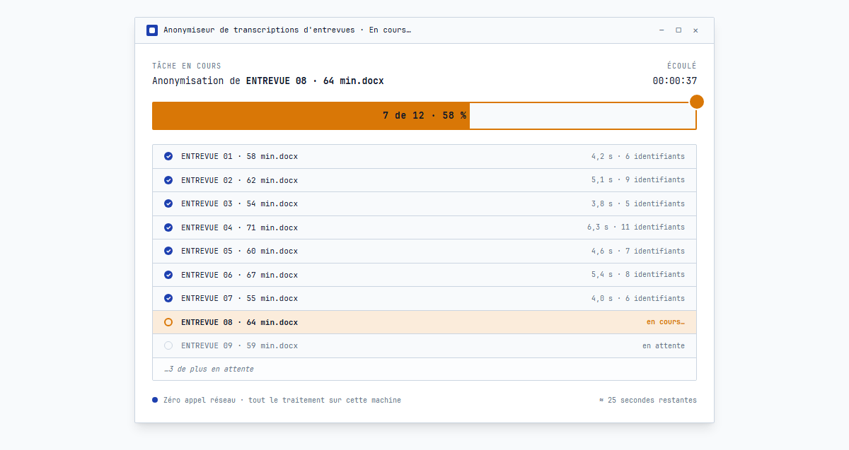 Barre de progression qui parcourt une fournée de 25 transcriptions en un peu plus de deux minutes au total