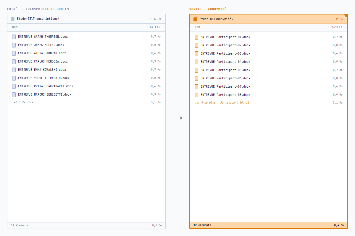 Noms de fichiers d'entrée avec les noms de participants remplacés par des pseudonymes dans le dossier de sortie, incluant les métadonnées Word retirées