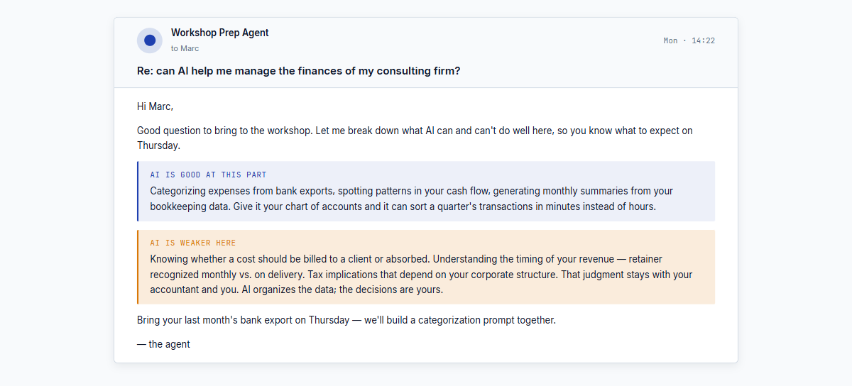 Stylized email from the workshop prep agent to a consulting firm owner asking about AI for financial management, breaking down what AI can handle well and where it falls short, with blue and amber highlighted sections