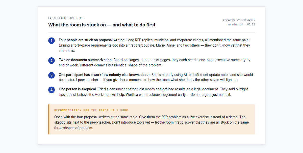 Stylized facilitator briefing document with four numbered findings about what participants are stuck on, and an amber-highlighted recommendation for how to spend the first half hour