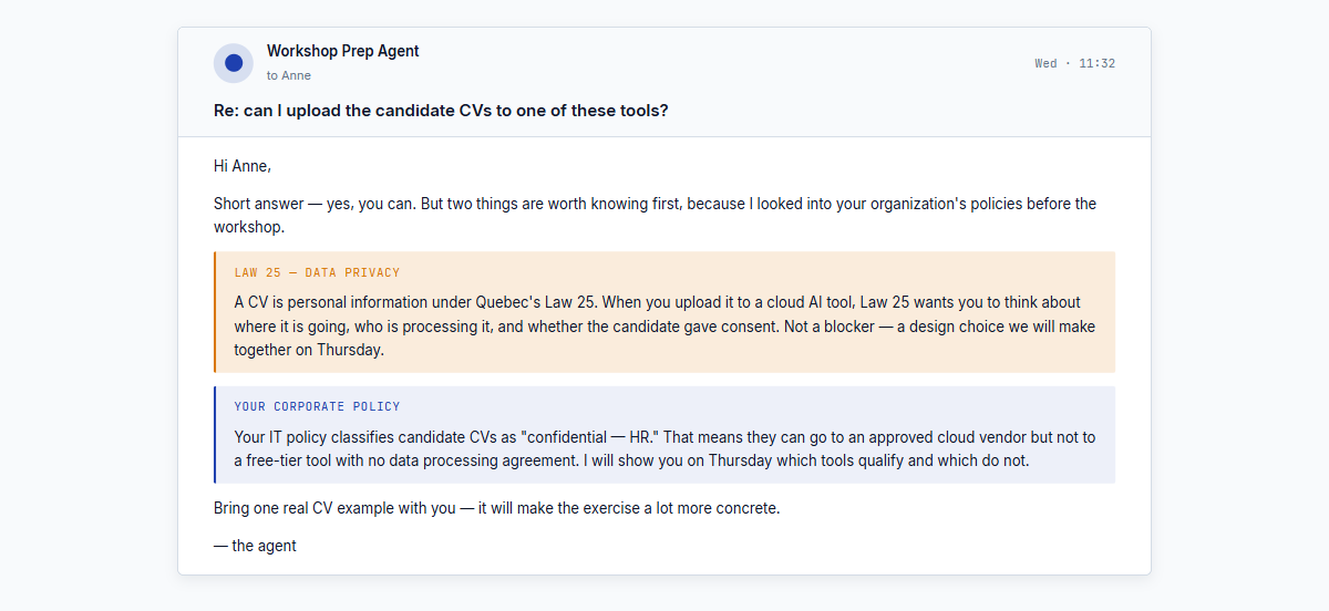 Stylized email where the agent answers a question about uploading documents and includes an amber-highlighted section covering both Law 25 data privacy and corporate policy considerations