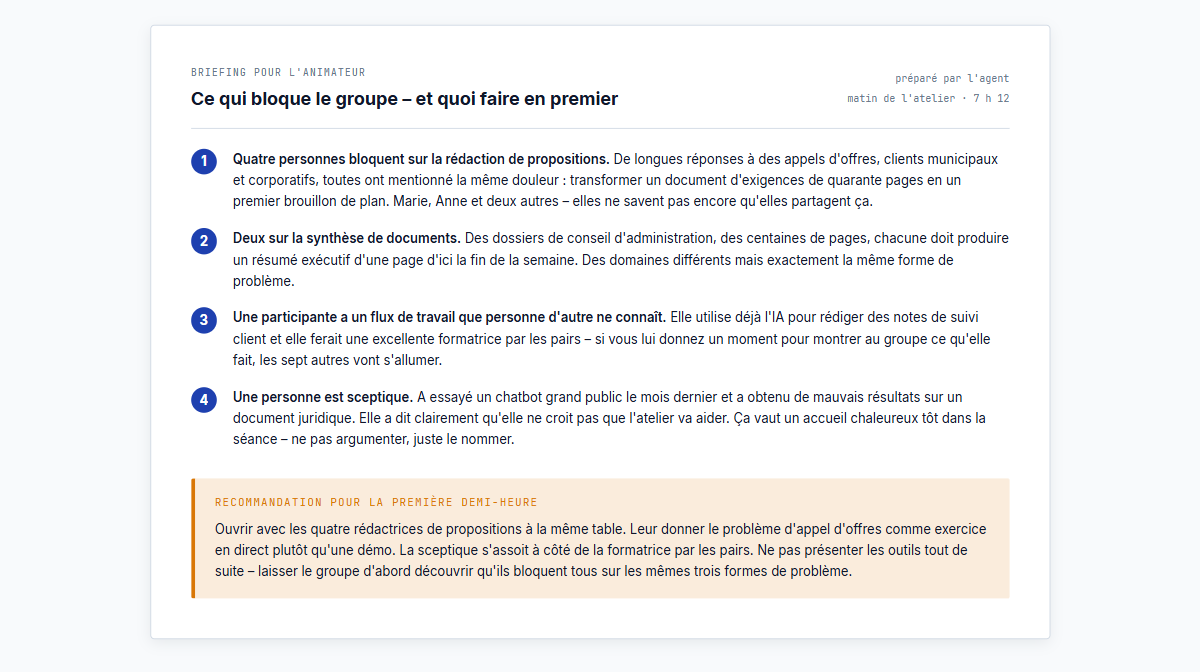 Document de briefing stylisé pour l'animateur avec quatre constats numérotés sur ce qui bloque les participants, et une recommandation surlignée en ambre pour le premier trente minutes