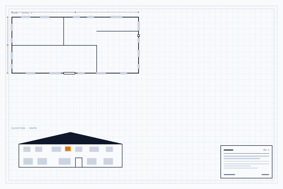 Stylized architect plan view and south elevation with dozens of window and door openings rendered as gray rectangles; one amber rectangle marks the easy-to-miss window under the roofline